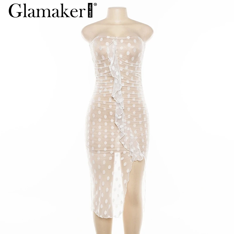 Glamaker, Прозрачное Кружевное облегающее платье в горошек с рюшами, женское праздничное платье с открытыми плечами, женские сексуальные вечерние Клубные платья