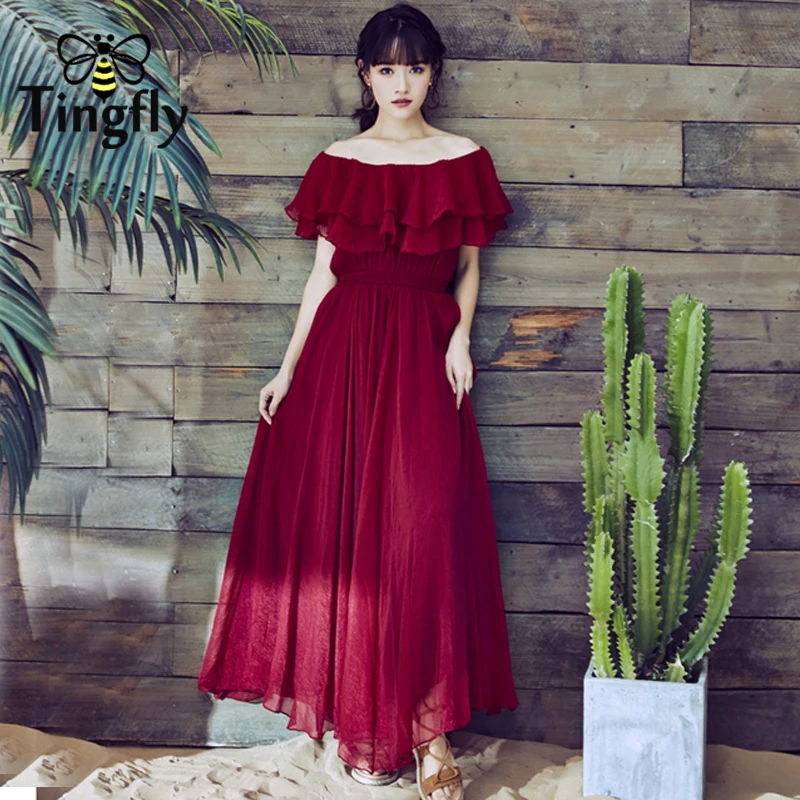 Пикантное однотонное платье Макси Tingfly с вырезом лодочкой и оборками в стиле бохо