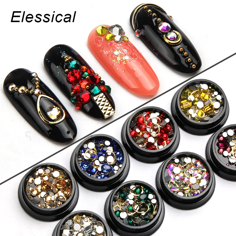 

ELESSICAL Colorful Crystal Nail Rhinestones 3D Nail Art Decoration Manicure Jewelry Copper Beads Glitter Nail Accessories Rivet