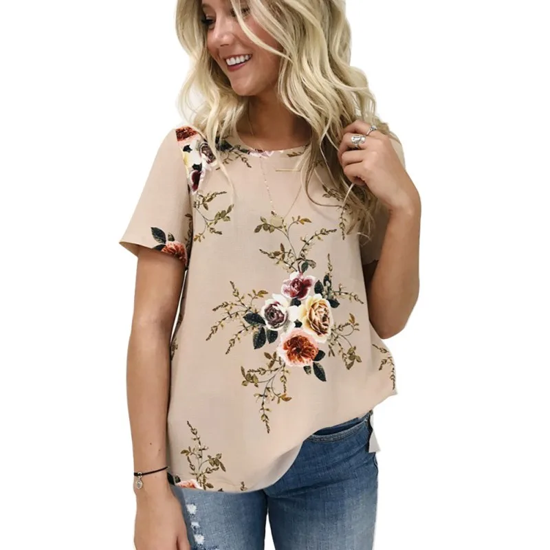

Summer Women Round Neck Casual T-shirt Chiffon Short-sleeved Printed T-shirt