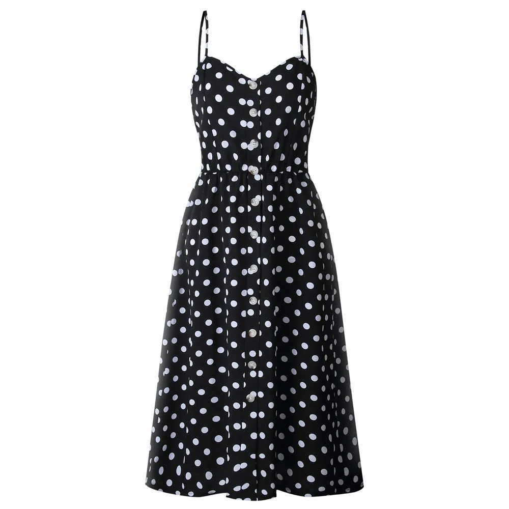 Fashion Womens Polka Dot Print Backless Sundress Button Chiffon Camis Long DressPolka Printed Sling Buttoned Open Back Dress | Женская