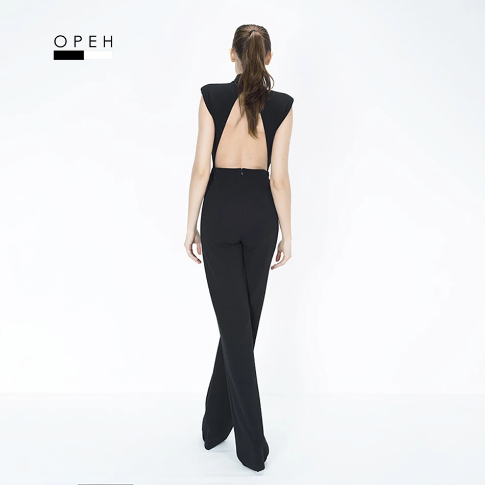 P167 грудь открыта полная длина прямого кроя черный комбинезон | Женская одежда