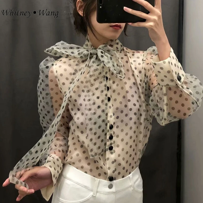 Женская офисная блузка WHITNEY WANG винтажный стиль Пышный рукав бант сетчатая в