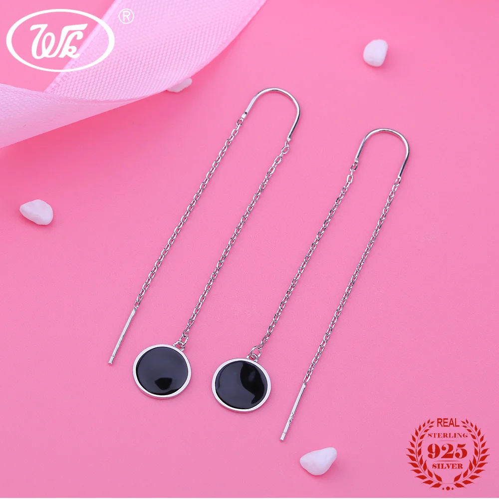 WK 925 Sterling Silver Long Black Round Drop Earrings For Women Girls Ladies Charm Ethnic Simple Earring Chain Wholesale EB015 | Украшения