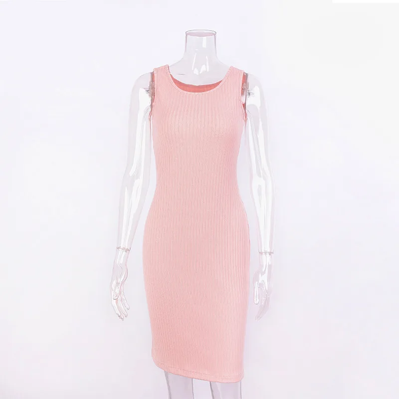 Розовый вязаный без рукавов летнее платье 2017 Ribbed Bodycon женщина Русский стиль