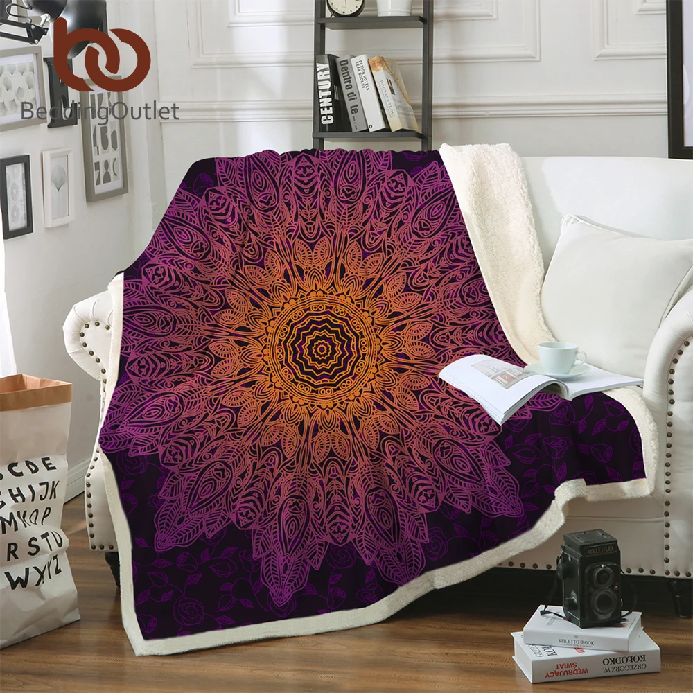 BeddingOutlet Bohemian Flower Blanket Sherpa Plaid on Bed Mandala Home Textiles Gradient Purple battaniye 150x200cm 1pc | Дом и сад