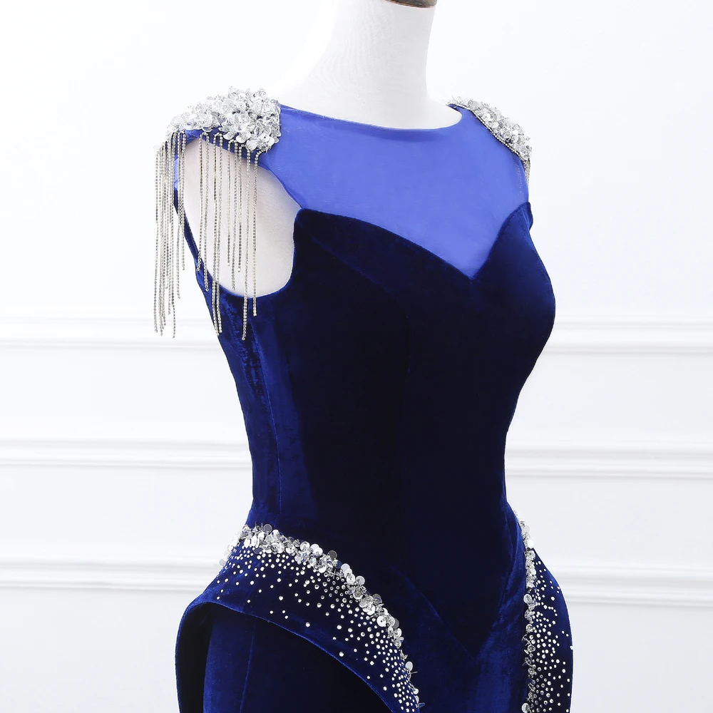 Изящный темно синий бархат Русалка Вечерние платья с кисточками на плечо Peplumn