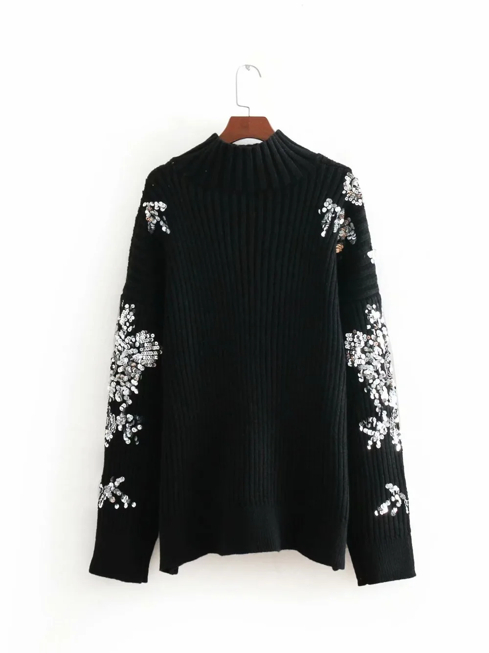 Cakucool Beading Knit Tops Women Long Sleeve Turtleneck Sequined Sweaters Floral Embroid Shiny Jumpers Sweater Pullovers Female | Женская
