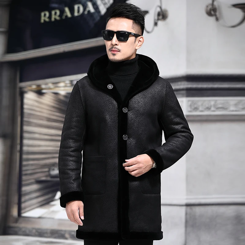 2018 new Haining fur men's double faced sheep's sheared coat medium length leather jacket male P1180 | Мужская одежда