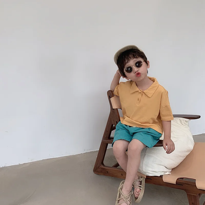 Летние модные однотонные хлопковые футболки с отложным воротником и короткими