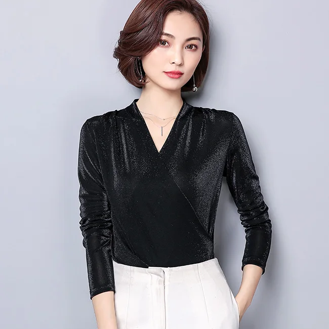 Черный FGLAC, женская футболка, модная, повседневная, длинный рукав, blusas, плюс размер, 5XL, сплошной цвет, винтажные топы, велюр, весна, женская футболка - Цвет: Черный