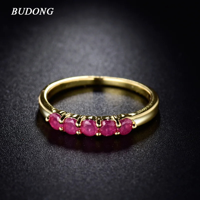 BUDONG, модный кубический цирконий, браслет для женщин, золотого цвета, кольца, Круглый, обручальное кольцо, роза, красный кристалл, свадебные украшения R081