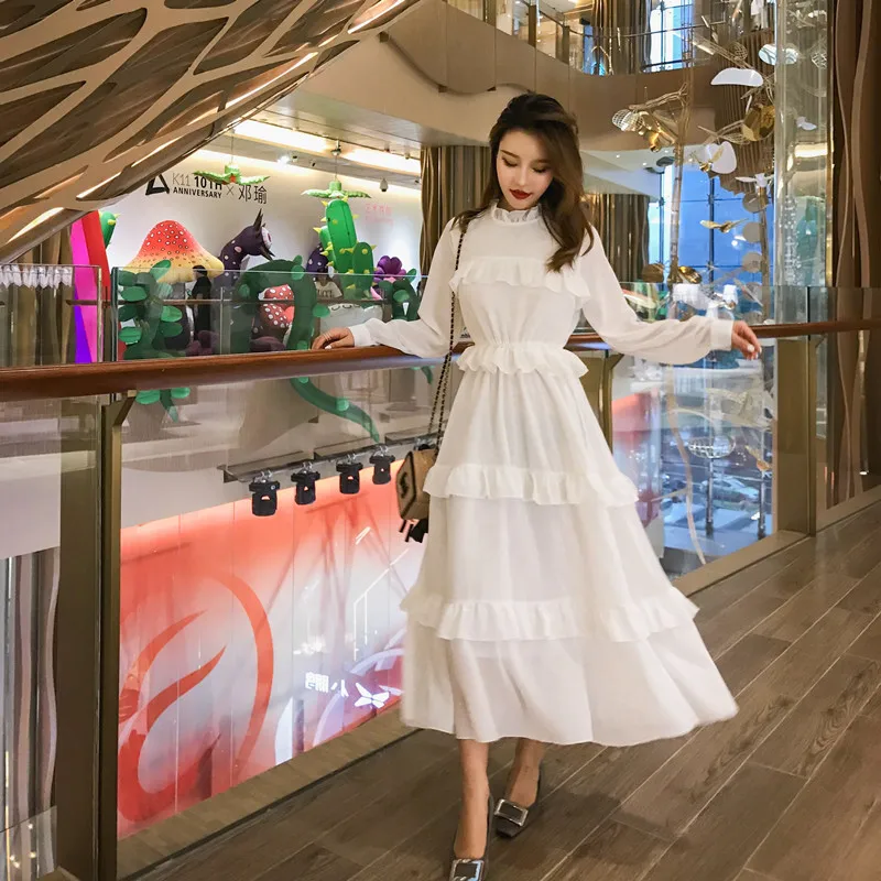 Новинка 2018 года Винтаж женское платье шифон нежный фея длинное торт в первый