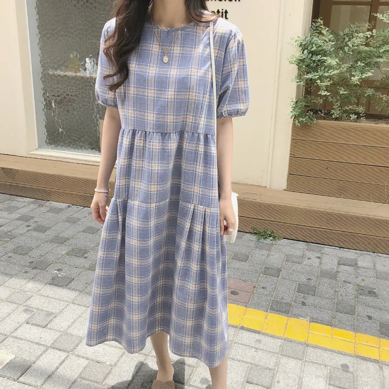 Women Summer Long Plaid Straight Dress Vestidos High Waist Blue Casual Maxi Robe Femme Loose Sukienki Sommerkleid Jurken