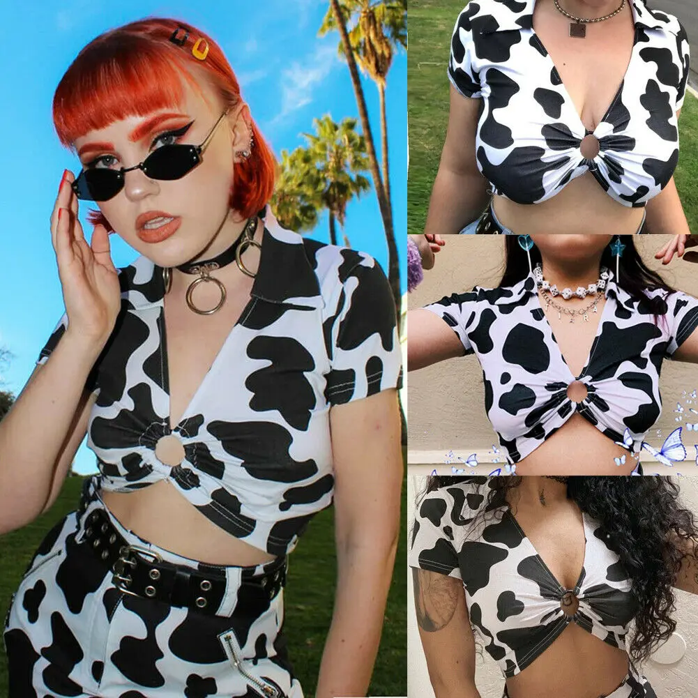 

Summer Women Short Sleeve Turn-down Deep V-neck Cow Pattern Hole Tops Blouse