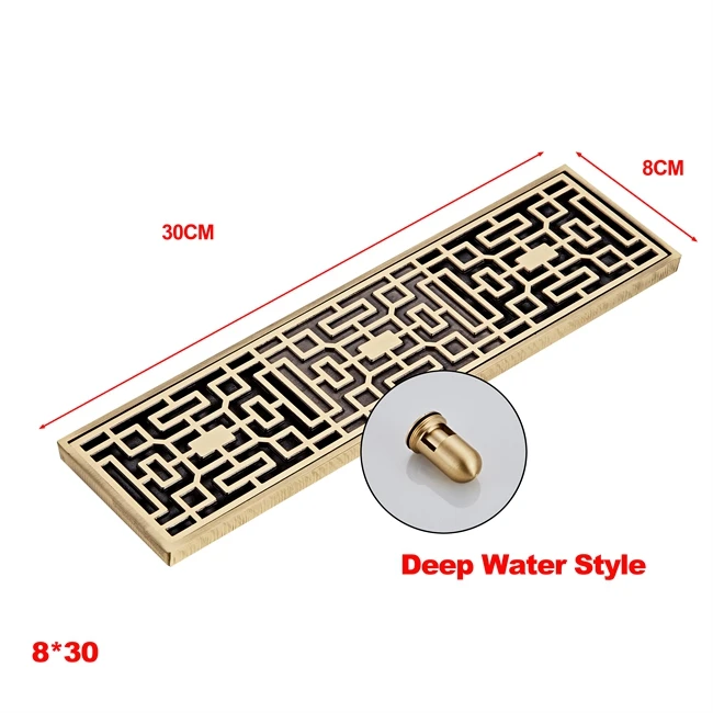 C Deep Water 8*30 см античная латунь ванная комната Линейный душ Трап провода фильтр художественная резная крышка отходов Слив DL-0578F - Цвет: C Deep Water