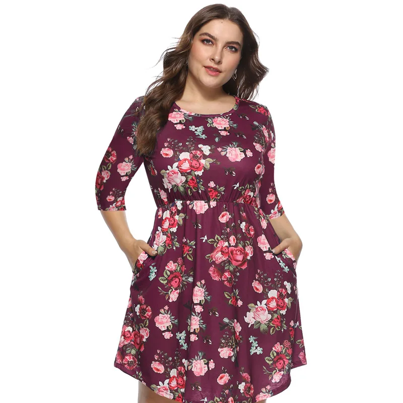 Plus Size Floral Print Tunic Women Dress Three Quarter Sleeve Autumn Summer Elegant Vocation 4XL Party Mini Dresses | Женская одежда