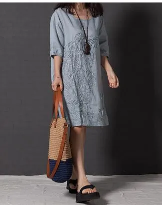 

30pcs/lot fedex fast Cotton Linen Vintage Dress Women Dress Spring Autumn Half Sleeve Casual Loose O Neck Dress