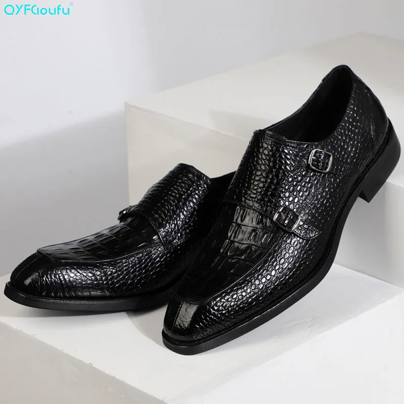 QYFCIOUFU/ г.; модная обувь на ремешке в стиле монах; официальная обувь высокого качества для свадьбы и офиса; Мужские модельные туфли из натуральной коровьей кожи; обувь из крокодиловой кожи