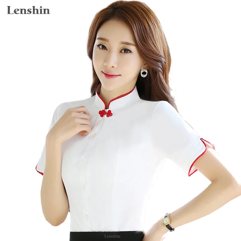Китайский для женщин блузки малышек рубашка женский короткий рукав воротник
