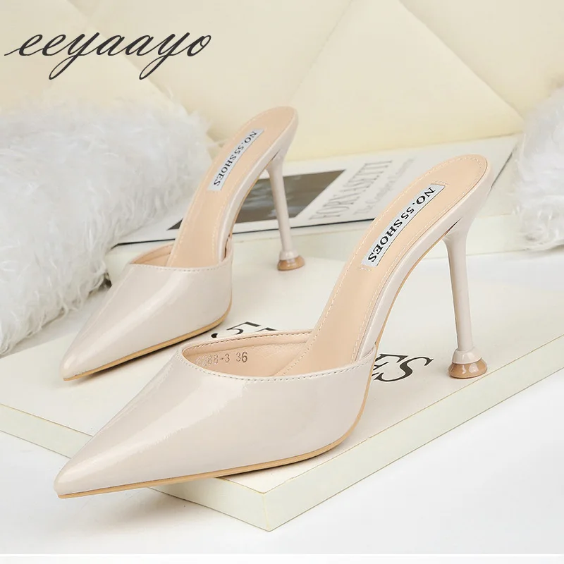 

2019 New Summer Women Mules Slippers High Thin Heel Pointed Toe Sexy Ladies Women Shoes Apricot Female High Heels Outside Slides
