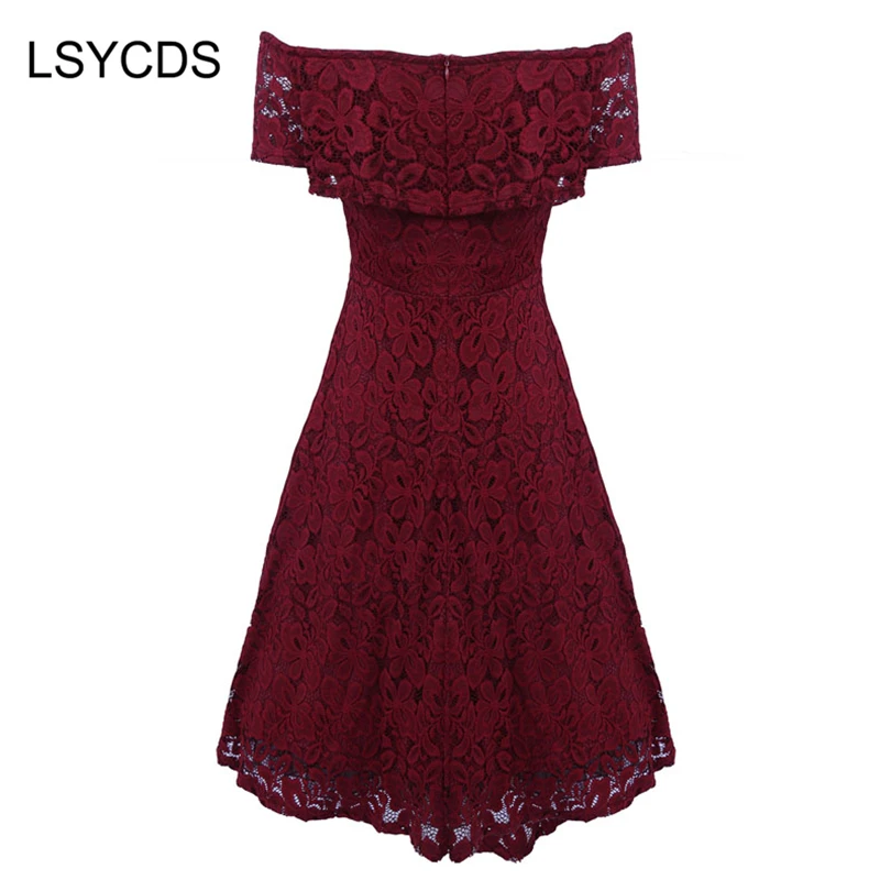 Woman Dresses 2018 Short Sleeve Ruffled Neck Wedding Party Wear Casual A-line Sexy Red Black Blue Lace Dress Plus Size S-3XL |