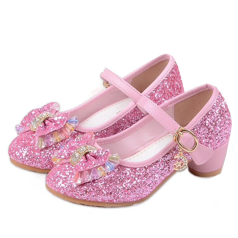 pink Девочки; Дети блестками на высоком каблуке Туфли под платье для подростков девочек латинский сценический обуви Танцевальная вечеринка и свадьба принцессы обувь - Цвет: pink