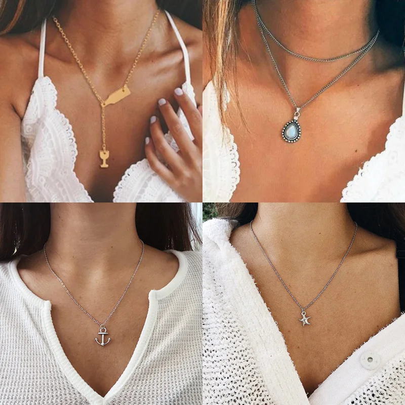 

Bohemian Multi-layer Beads Evil Eyes Water Droplets Opal Bird Leaf Chain Necklaces&Pendants for Women Valentine's Day Jewelry