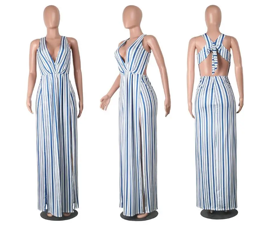 2017 новое модное летнее макси платье в полоску с глубоким v образным вырезом и открытой спиной Пляжное Платье