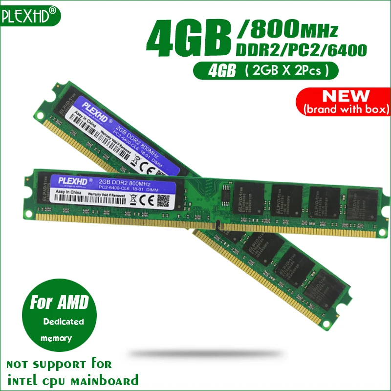 PLEXHD Новый 4 Гб (2 ГБ X 2 шт) DDR2 PC2-6400 800 МГц для настольных ПК DIMM 2G PC2 6400 оперативная