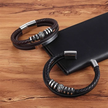 Geometrically Irregular Graphics Stainless Steel Genuine Leather Bracelet 5