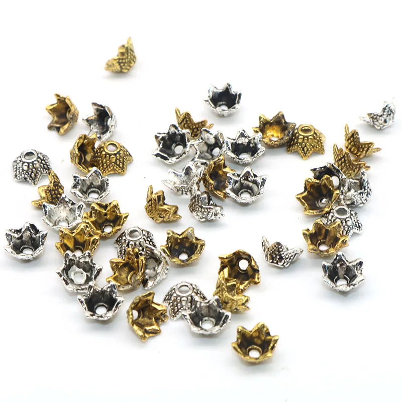 Бусины лепестки микс тибетских серебряных цветов 200 шт. концевые колпачки для