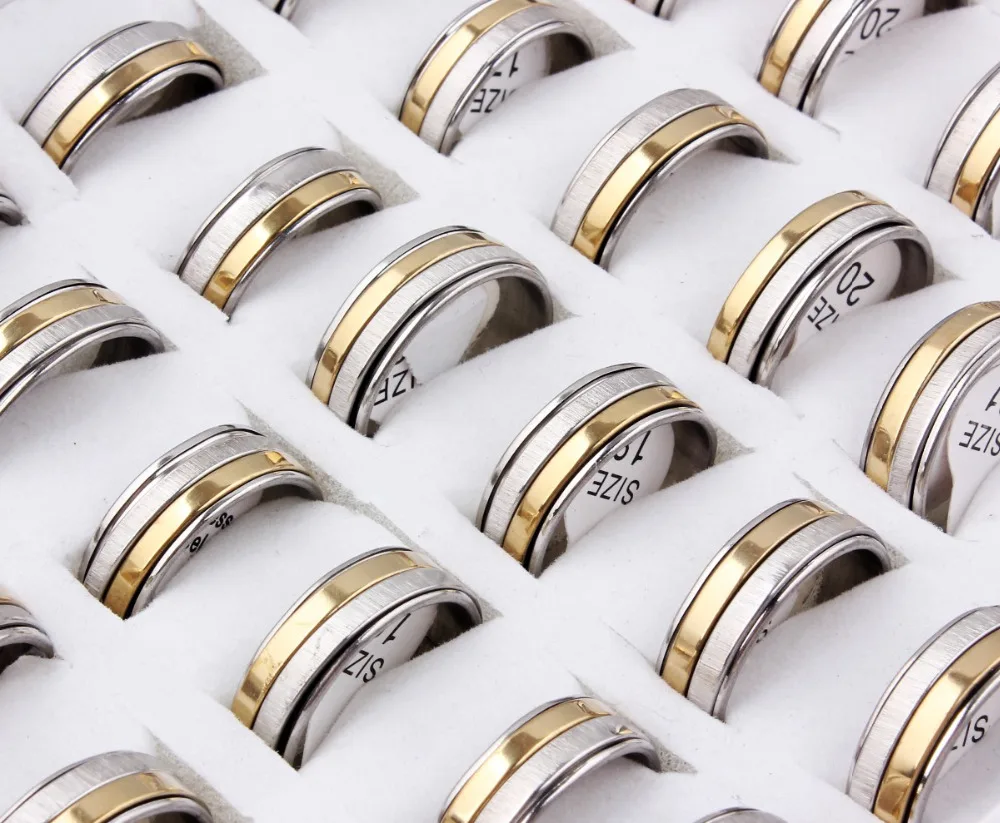 Phoebus Wholesale Lots 20pcs boutique men's stainless steel Gold rotatable ring finger tide personality Mens turn rings | Украшения и