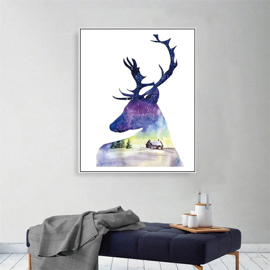 

Laeacco Canvas Calligraphy Painting Watercolor Deer House Animal Posters and Prints Wall Artwork Pictures Living Room Decoration