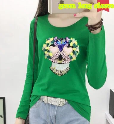 green long sleeve Летние Ретро жемчужные футболки с вышивкой бусинами для женщин Цветочная вышивка футболка элегантные женские Топы Blusa - Цвет: green long sleeve