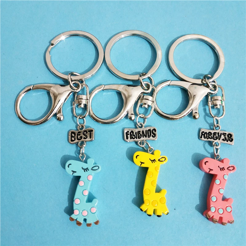 XE064-2 3 pcs Милый 3 шт./партия лучшие друзья навсегда BFF ожерелье «Жираф» и набор брелков для ключей для девочек, брелок для ключей в виде животных,, ювелирный набор - Окраска металла: XE064-2 3 pcs