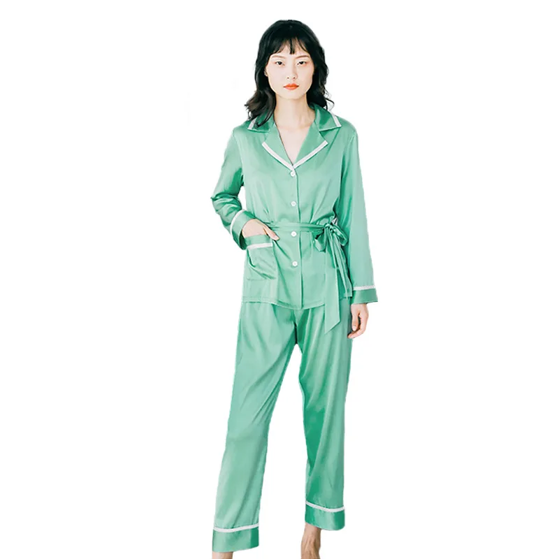 Genuine Silk Pajama Sets Female Casual Fashion Turn-Down Collar Silkworm Silk Sleepwear Long-Sleeve Two-Piece 1102