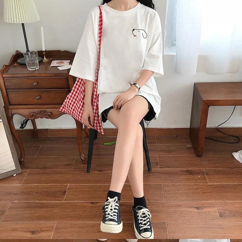 Women T-shirt Printing Medium Long Loose Large Size Puppy O-Neck T-Shirt Cotton Tops Fit Soft Casual Street Wear | Женская одежда