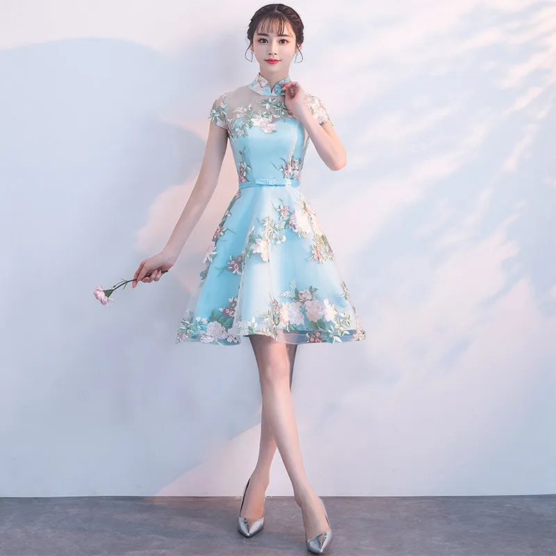 Sky Blue a Традиционное китайское платье с вышивкой, Qipao, женские вечерние платья, винтажное платье Cheongsam для женщин, невесты, короткое Кружевное платье Cheongsam, современное платье - Цвет: Sky Blue a