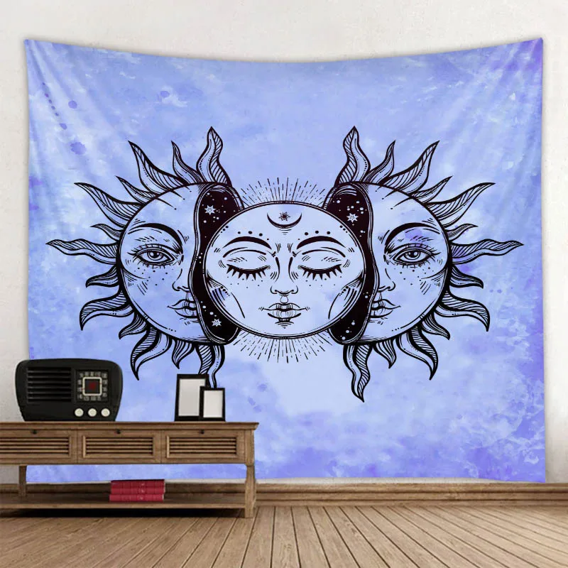 Светло-голубой Солнце Луна психоделический гобелен небесное индийское солнце