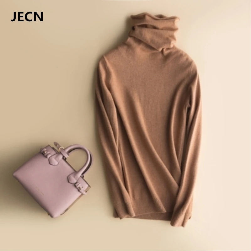 JECN демисезонный Женские однотонные свободные кучи свитеры с высоким воротом
