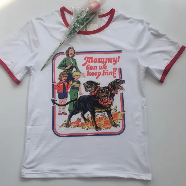 Hahayule Mommy Can We Keep Him 80 s Винтажная футболка с звонком хипстеры гранж сатанин забавная футболка ностальгия ужас футболка с иллюстрацией