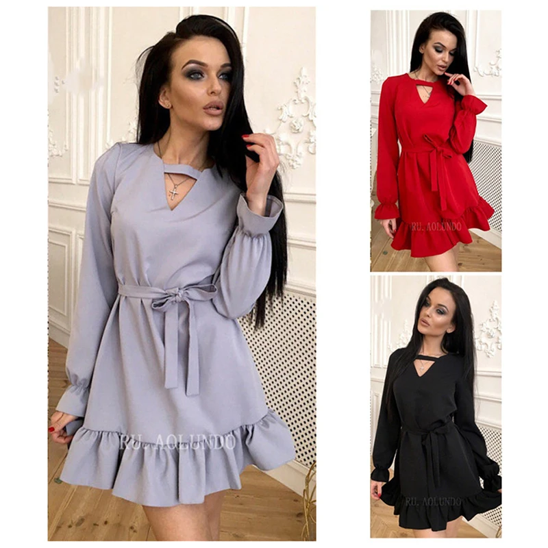 2019 Осень женское платье с длинным рукавом мини-платье Новая мода V-образным