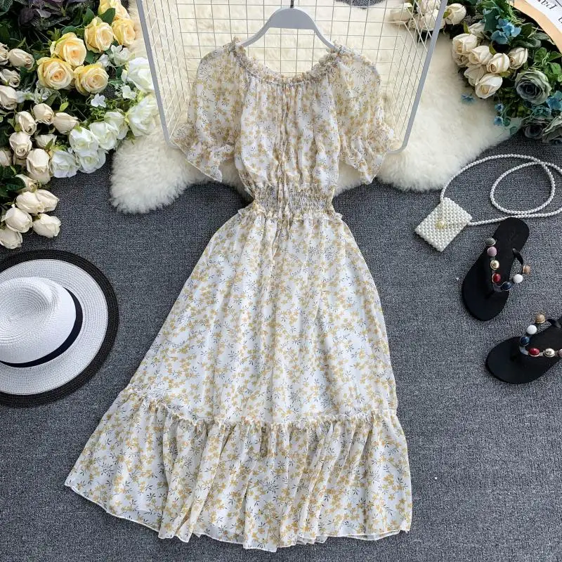 Женское платье с цветочным принтом шифоновое тонкое рукавами фонариками и