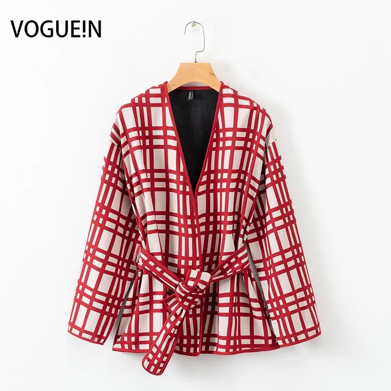 Женский кардиган VOGUEIN красное повседневное кимоно с принтом в клетку и поясом