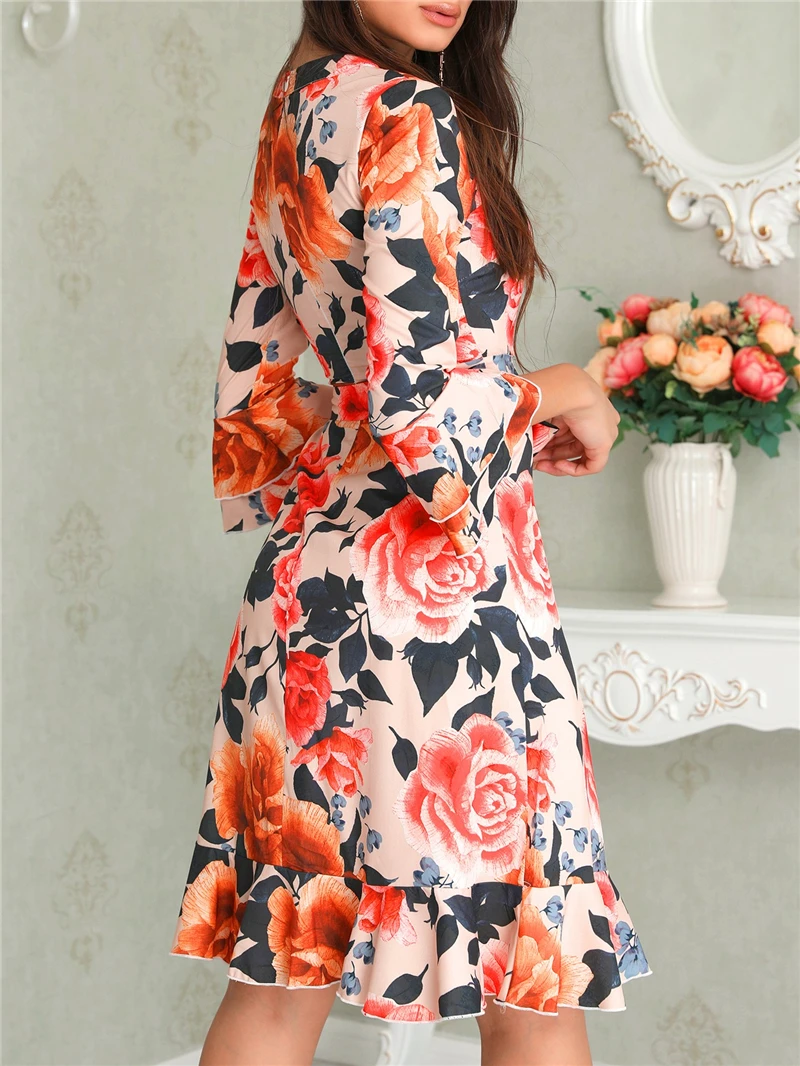 Simplee элегантное платье с цветочным принтом милое приталенное рюшами на осень и