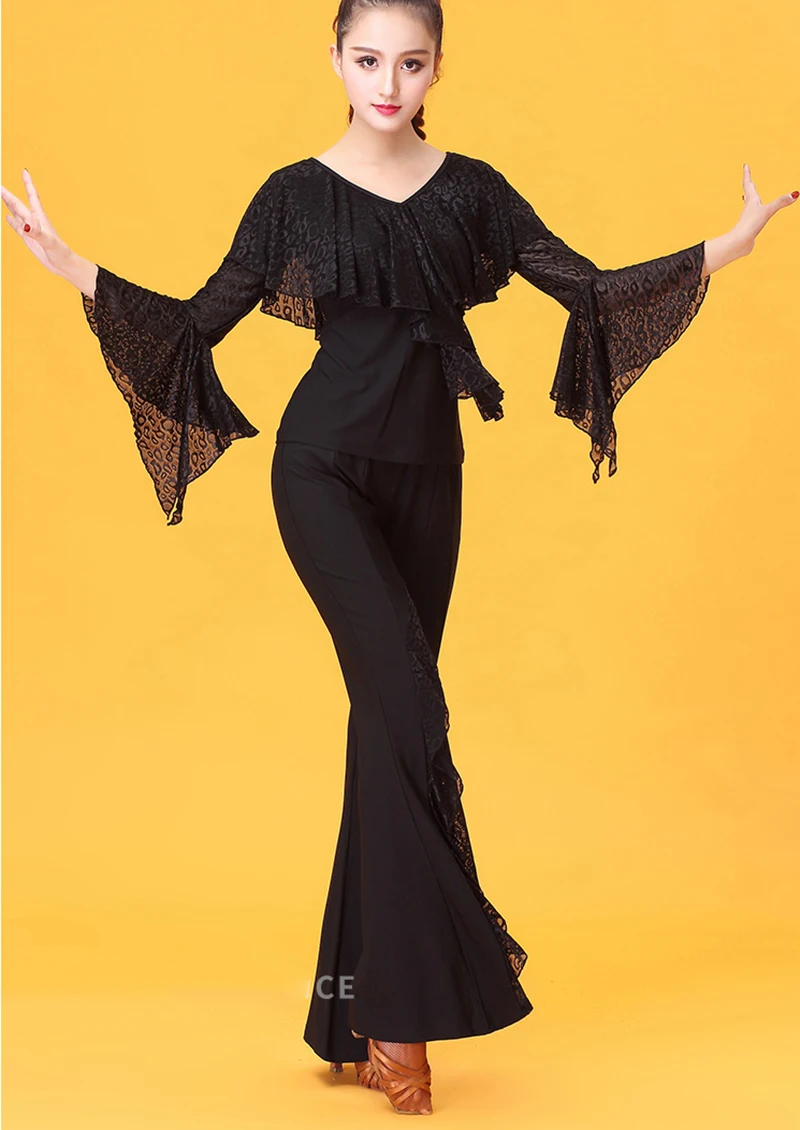 

CACARE Latin Ballroom Dance Shirts Women Dance Top for Tango Salsa Fringe Dancing Latin Dance Costume D0558 with Ruffles