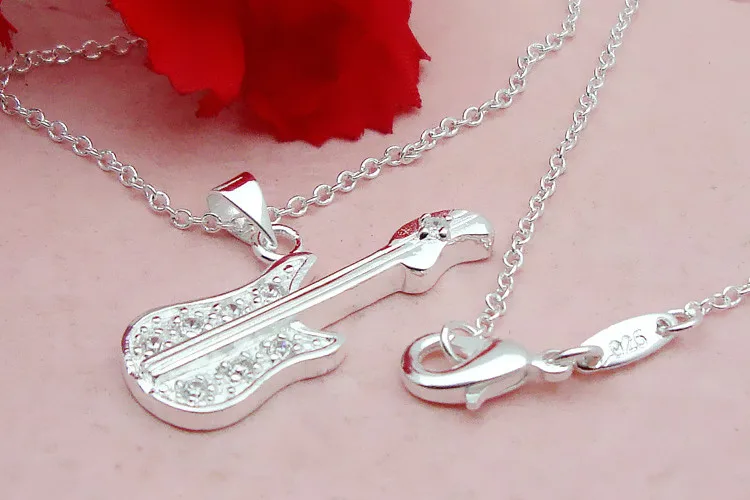 Колье музыкальное с кулоном гитара Посеребренная цепочка брендовые ювелирные