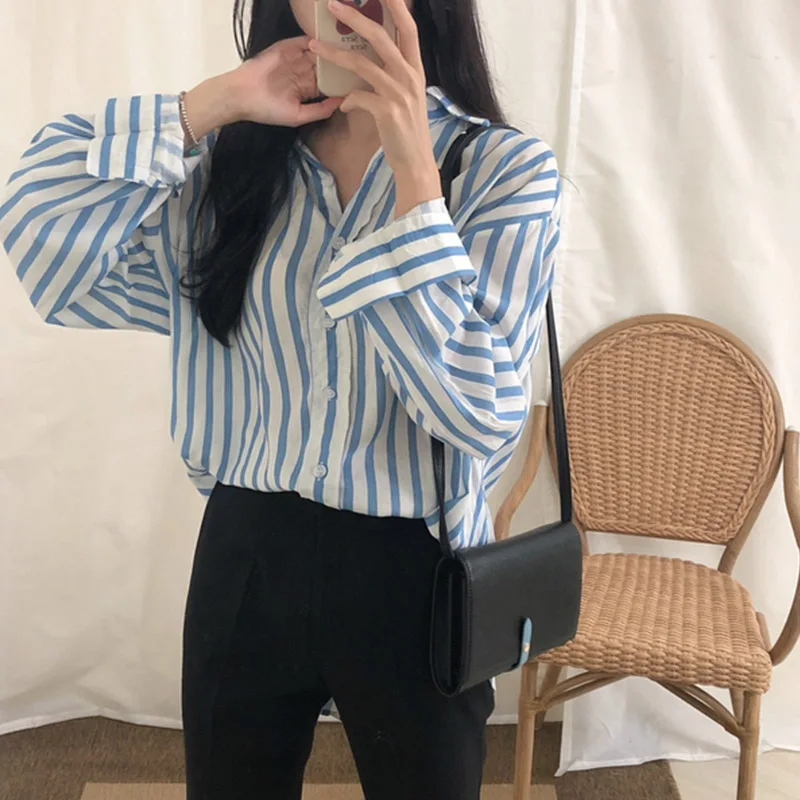 Женская блузка в полоску с отложным воротником на пуговицах|Рубашки| |