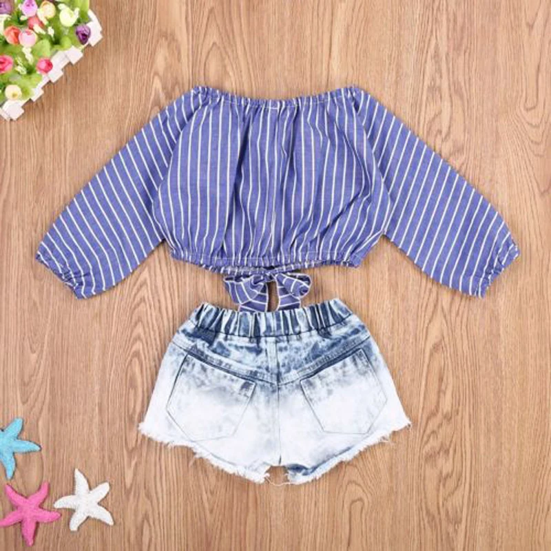 Fashion Kid Baby Girls Clothes Striped Crop Tops T Shirts Blouse Denim Short Jeans Pants Outfits | Детская одежда и обувь